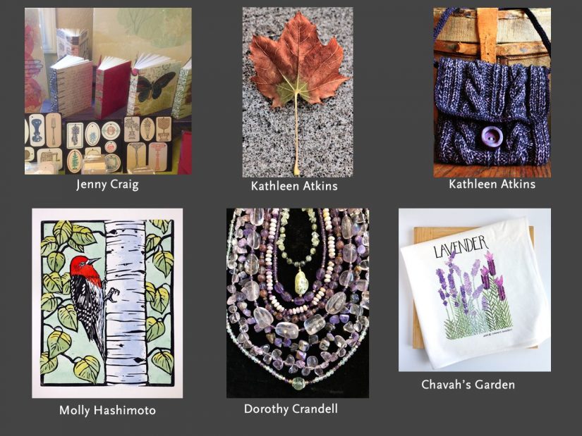 woodblock prints, stone necklaces and hand knit items