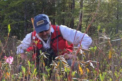 Man in blue hat and red vest crouching to look at plants in a field