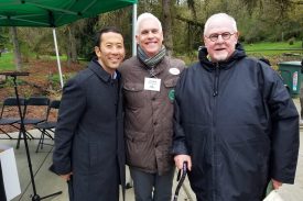 Left to right: Michael Shiosaki, Jim Reid and John Wott at the opening of the Arboretum Loop Trail, 2018.
