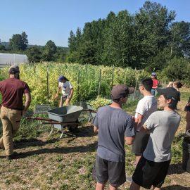 UW Farm staff and volunteers standing in front of a field on a sunny day
