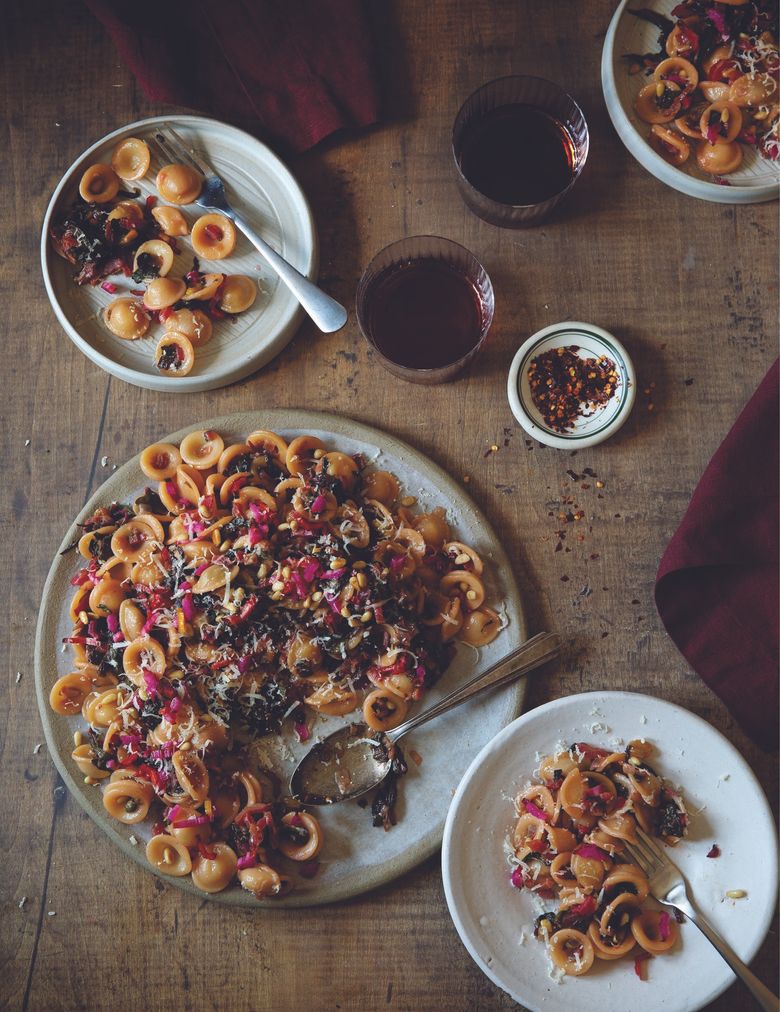 Orecchiette with Chard, Golden Raisins, Pine Nuts, Capers, Chile and Quick-Pickled Chard Stems, from “Misunderstood Vegetables.” (Clare Barboza)