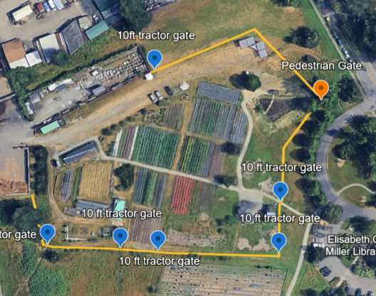 Photos above is the intended perimeter fence boundary. Yellow is the fence line with blue markers indicating points of entry for people, mowing machines, and the farm truck.
